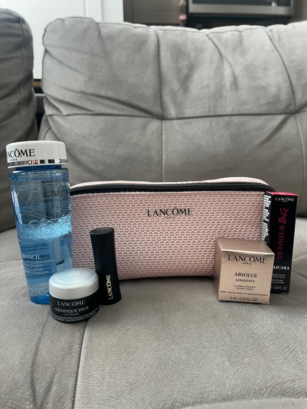 Lancôme Blue Micellar Water, Black mascara & Skincare Set with Pink Pouch